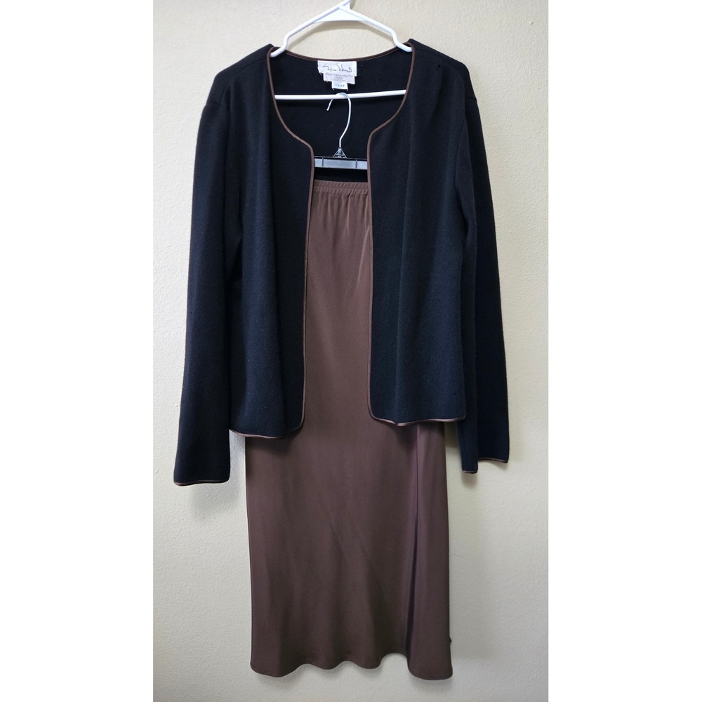Sylvia Heisel Custom Wool Cashmere Sweater & Silk Skirt Set Black Brown Size 14